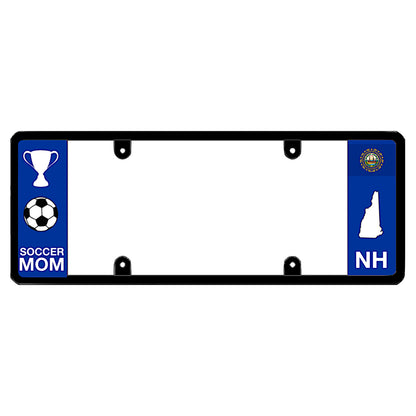 New Hampshire license plate frame soccer mom wrap by DFS, the official license frame of America. Drive your identity with sports family SUV and minivan exterior gear displaying a white championship trophy, soccer ball design, and NH state flag layout.