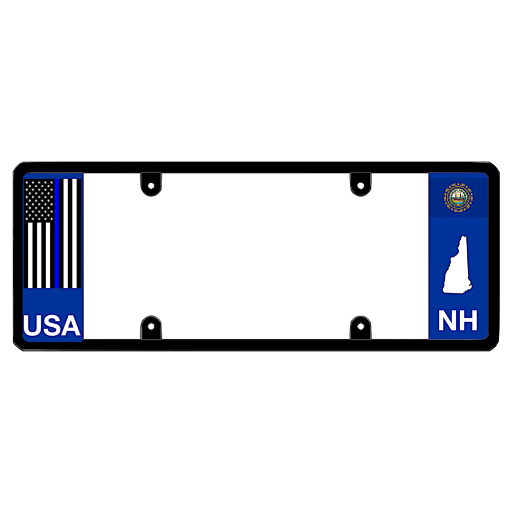 New Hampshire license plate frame thin blue line auto rim by DFS, the official license frame of America. Drive your identity with a police officer tribute license shield featuring a tactical blue line flag print and NH first responder emblem styling.
