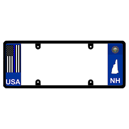 New Hampshire license plate frame thin blue line auto rim by DFS, the official license frame of America. Drive your identity with a police officer tribute license shield featuring a tactical blue line flag print and NH first responder emblem styling.