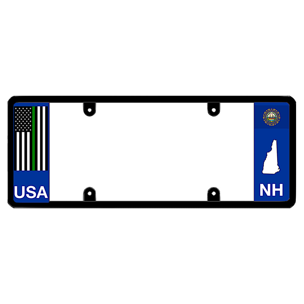 New Hampshire license plate frame thin green line guard by DFS, the official license frame of America. Drive your identity using a military and border patrol support vehicle bracket carrying a green line USA flag decal on an evergreen NH local theme background.
