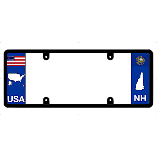 New Hampshire license plate frame with USA and  NH state flags