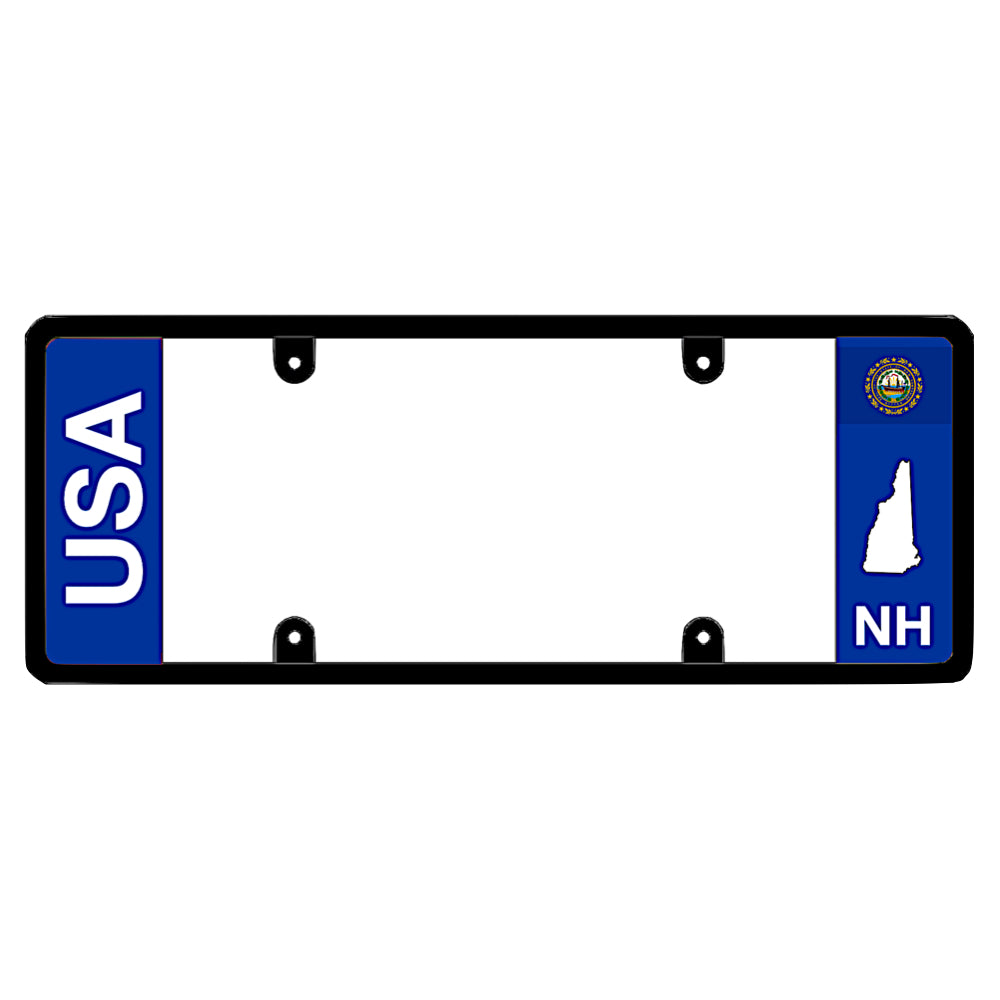 New Hampshire license plate frame USA text mount by DFS, the official license frame of America. Drive your identity using a clean dual-identity auto vanity rim finished with bold vertical USA lettering and a minimalist NH state map graphic accent.