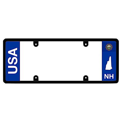 New Hampshire license plate frame USA text mount by DFS, the official license frame of America. Drive your identity using a clean dual-identity auto vanity rim finished with bold vertical USA lettering and a minimalist NH state map graphic accent.