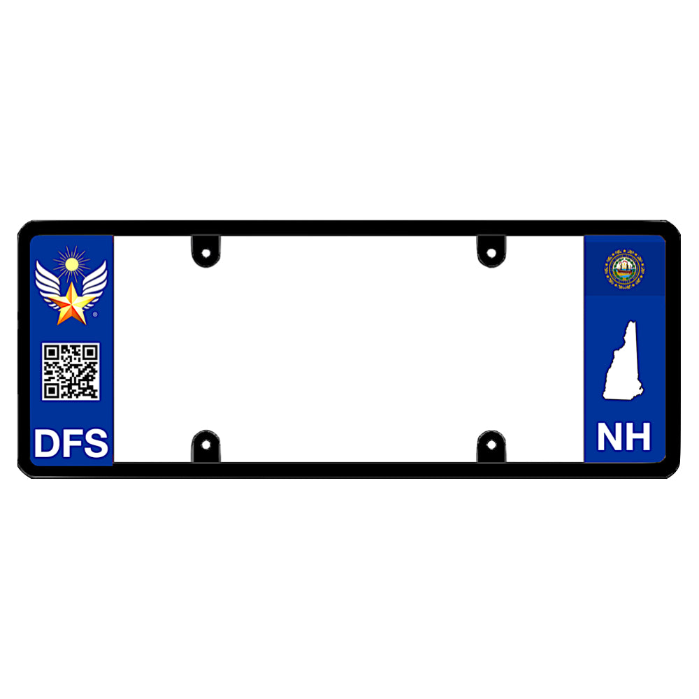 New Hampshire license plate frame custom badge by DFS, the official license frame of America. Drive your identity with a high-tech smart auto exterior trim including a golden sun winged star medal, interactive scannable QR code panel print, and NH local geometry. 