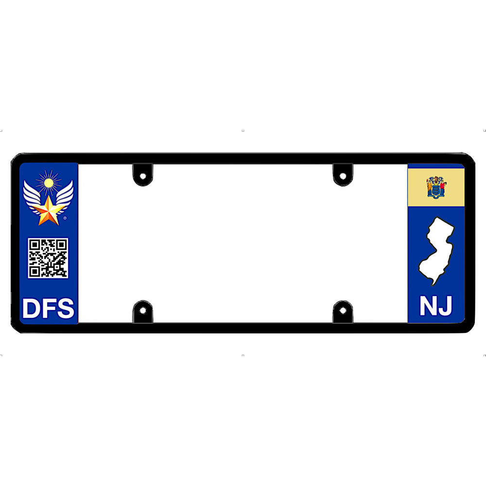 New jersey license plate frame with DFS and NJ logos on a white background