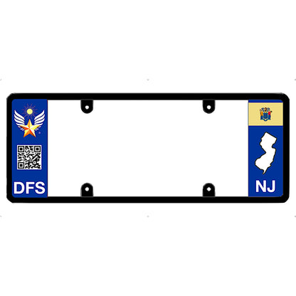 New jersey license plate frame with DFS and NJ logos on a white background