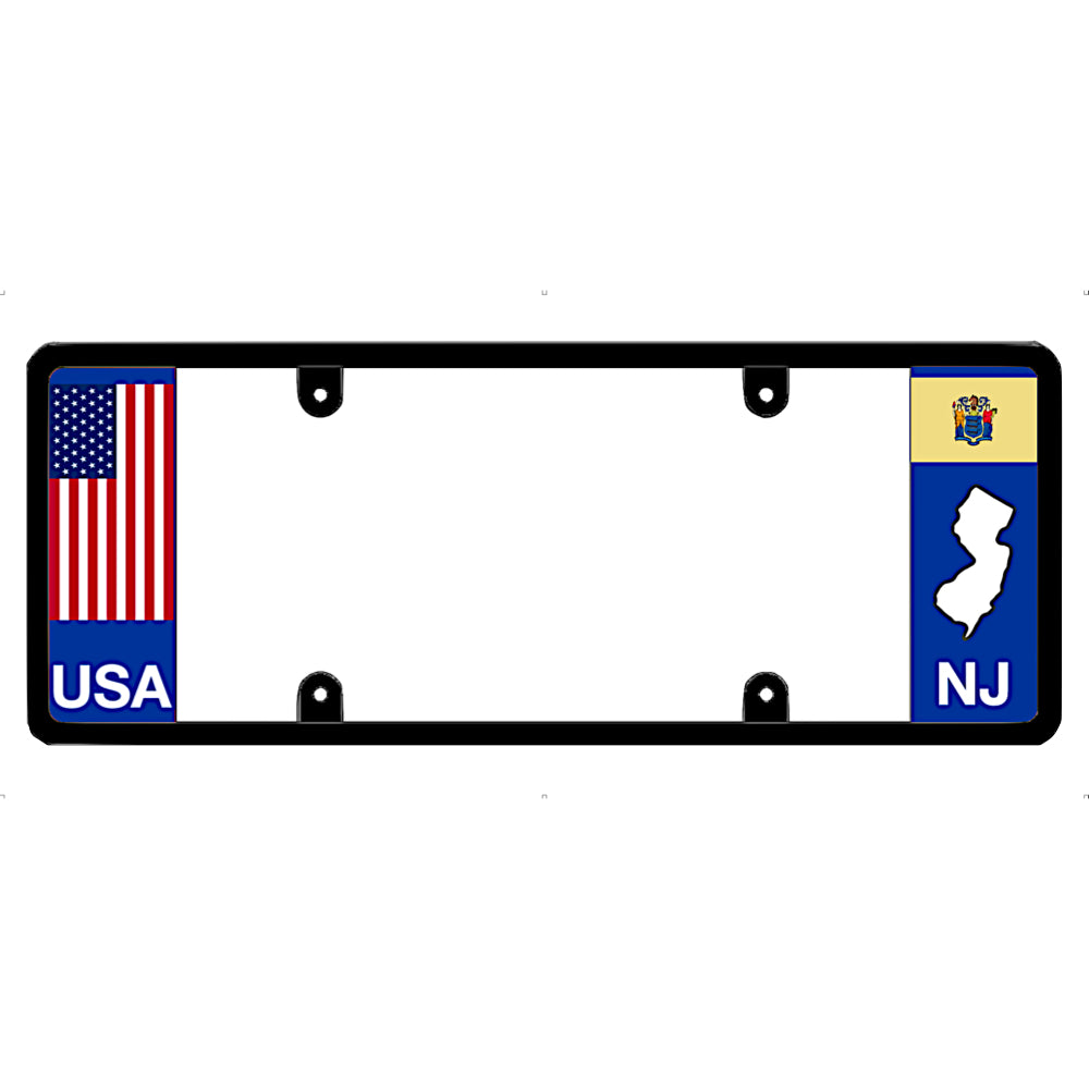 License plate frame with USA and NJ flags on a white background