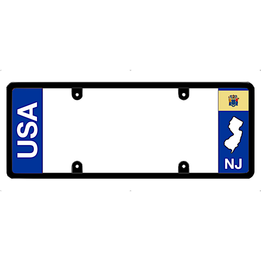 New jersey license plate frame with 'USA' and 'NJ' text on a white background