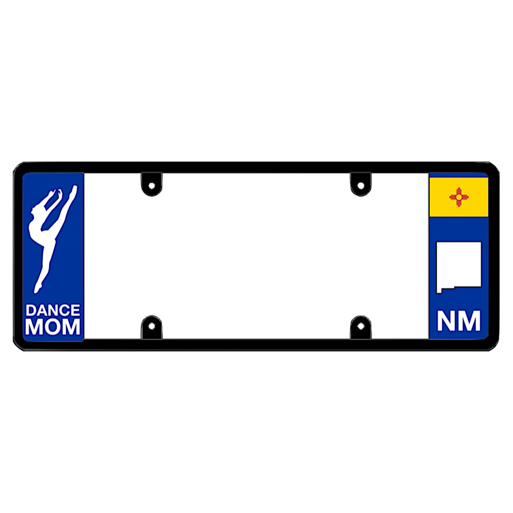 New Mexico license plate frame dance mom cover by DFS, the official license frame of America. Drive your identity with a custom vehicle tag bracket featuring an elegant white ballet dancer silhouette emblem and a bold red and yellow NM state Zia symbol background.