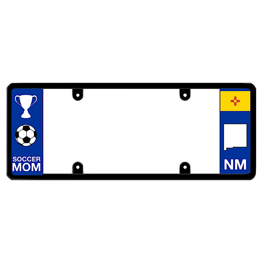 New Mexico license plate frame soccer mom wrap by DFS, the official license frame of America. Drive your identity with protective SUV and sedan trim carrying a crisp white championship trophy, soccer ball graphic, and a yellow NM state map icon.