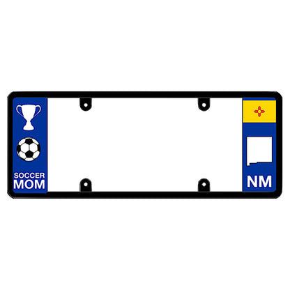 New Mexico license plate frame soccer mom wrap by DFS, the official license frame of America. Drive your identity with protective SUV and sedan trim carrying a crisp white championship trophy, soccer ball graphic, and a yellow NM state map icon.