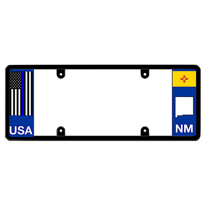 New Mexico license plate frame thin blue line auto rim by DFS, the official license frame of America. Drive your identity with police officer, state patrol, and sheriff support gear displaying a blacked-out pro-law enforcement flag stripe and local NM state graphic print.