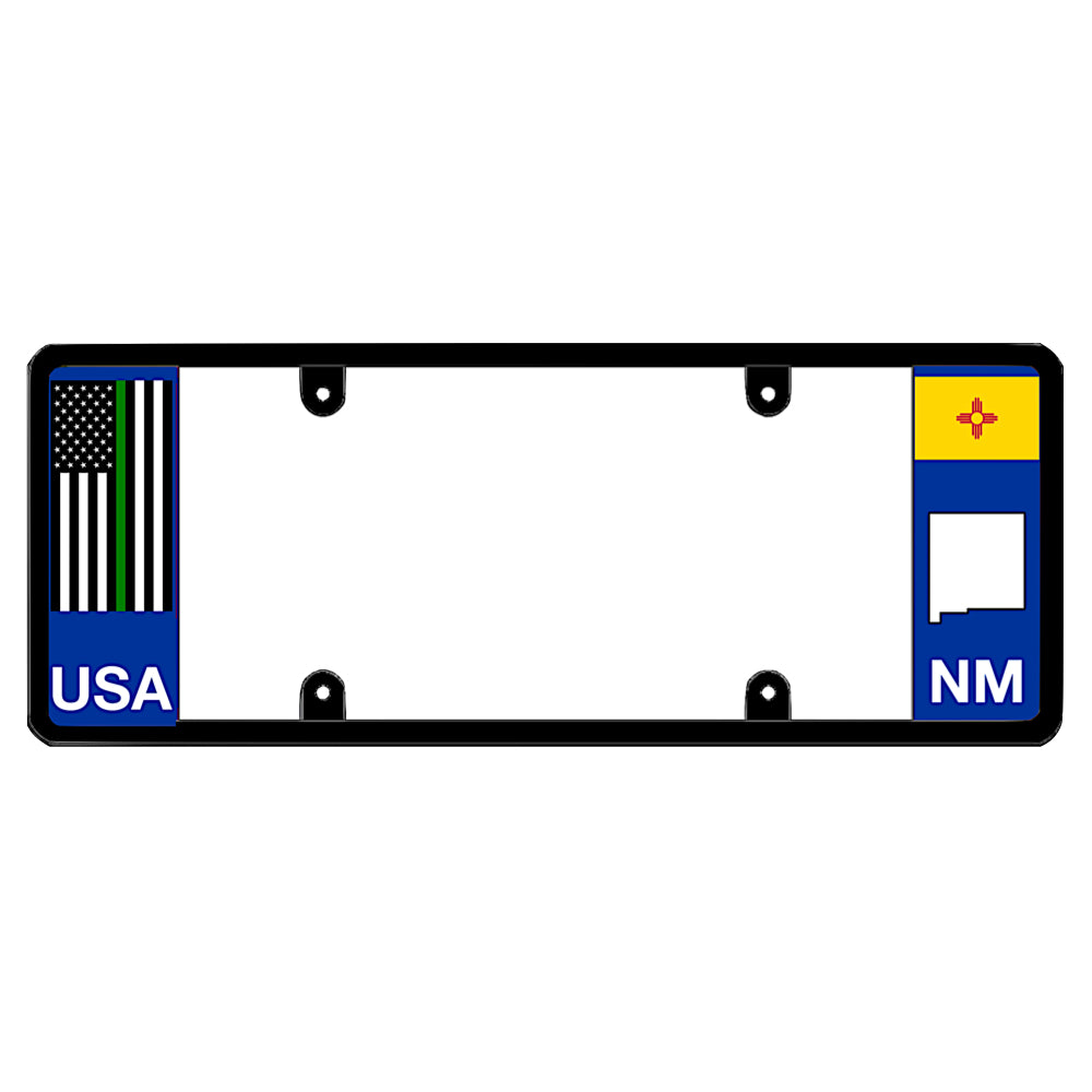 New Mexico license plate frame thin green line guard by DFS, the official license frame of America. Drive your identity using armed forces, border patrol, and federal agent support car merchandise featuring a tactical green line American flag decal and a signature NM map profile.