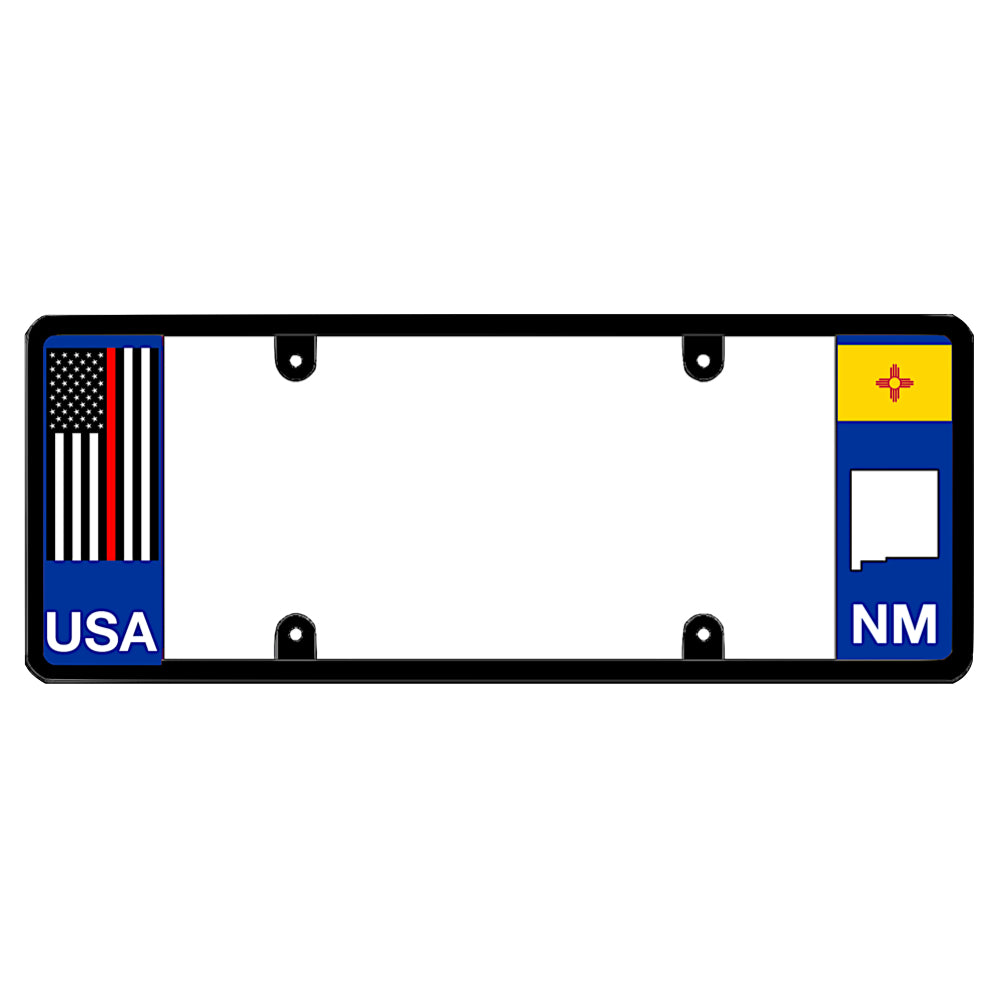 New Mexico license plate frame thin red line vehicle hardware by DFS, the official license frame of America. Drive your identity with a fire department and first responder tribute item boasting an emergency services red stripe decal beside an NM state flag map design.