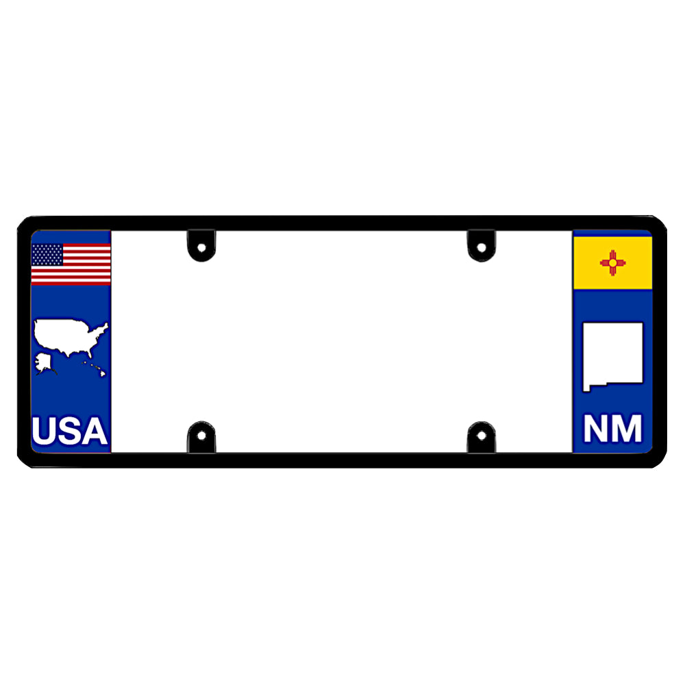 New Mexico license plate frame featuring a horizontal USA flag and United States map graphic by DFS, the official license frame of America. Drive your identity with a rust-resistant automotive border showcasing a yellow NM state Zia symbol map cutout silhouette on the side panel.