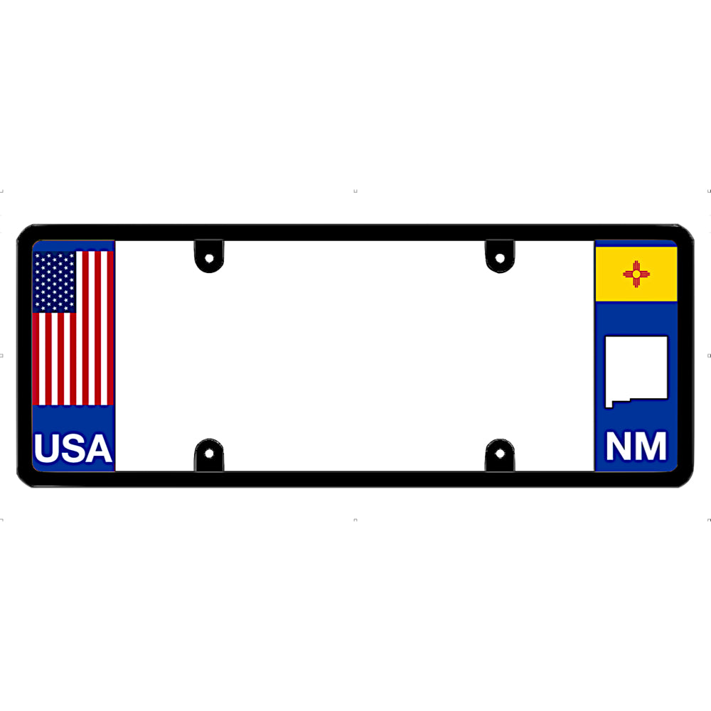 New Mexico license plate frame USA flag holder by DFS, the official license frame of America. Drive your identity using premium truck and car accessories decorated with a vertical red white and blue Star-Spangled Banner stripe layout next to a bold NM state Zia sun symbol graphic.