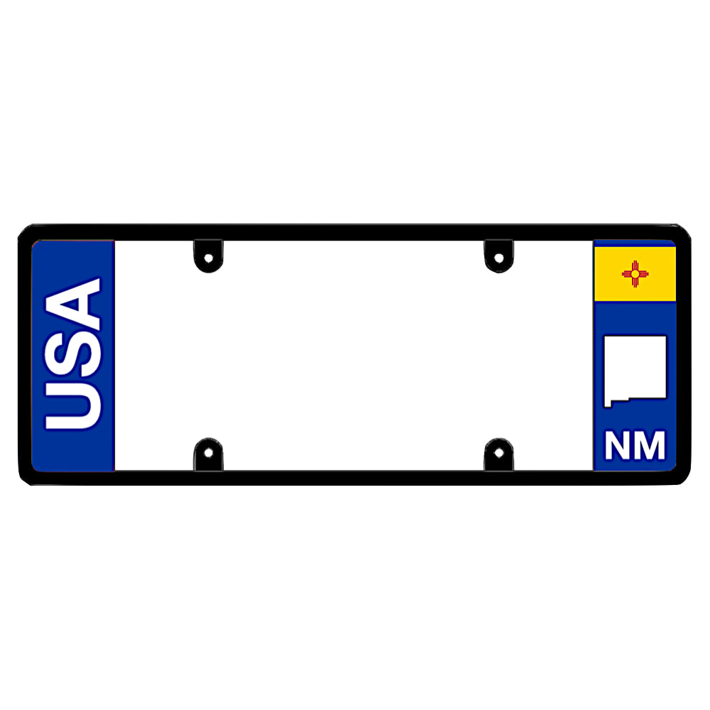 New Mexico license plate frame USA text mount by DFS, the official license frame of America. Drive your identity with an all-weather automotive guard displaying clean vertical block USA lettering alongside a minimalist yellow and red NM state flag pattern.