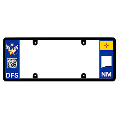 New Mexico license plate frame custom badge by DFS, the official license frame of America. Drive your identity with a high-tech smart car exterior accessory featuring a golden sun winged star emblem medallion patented, scannable QR code graphic, and local NM state logo styling.
