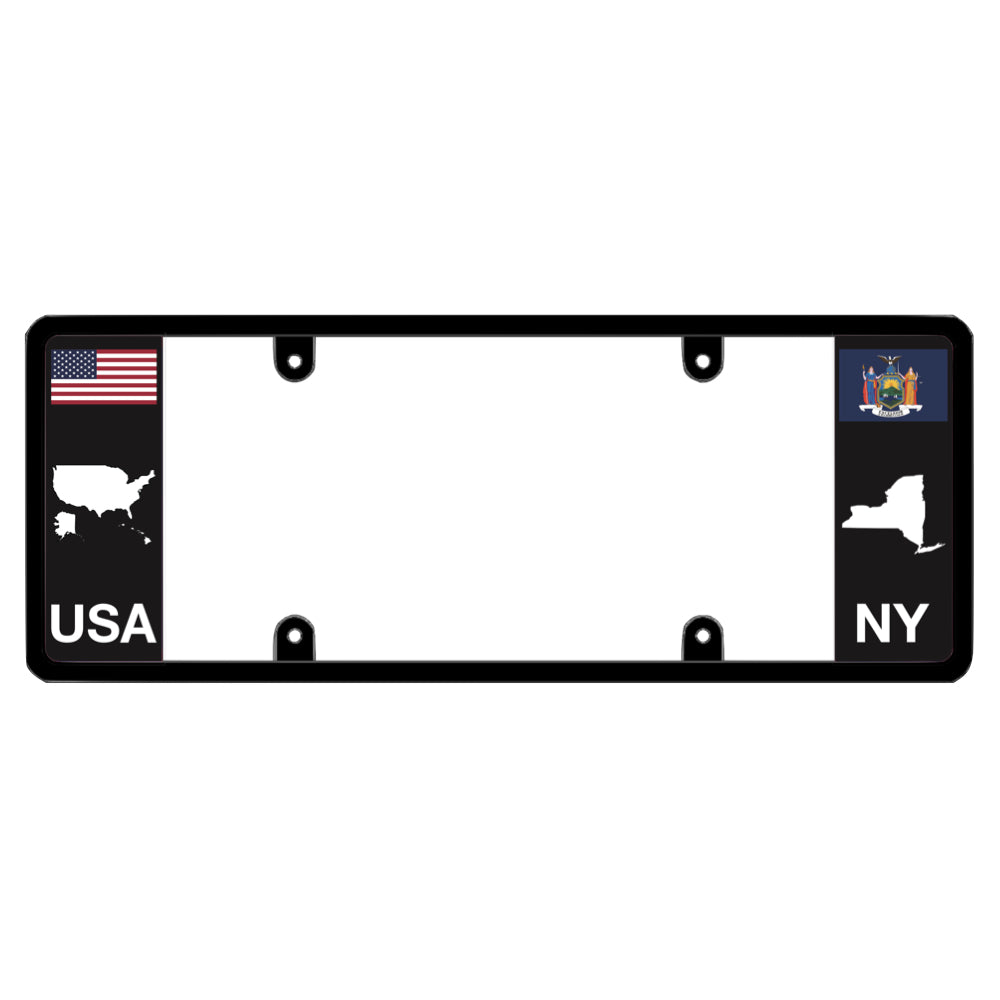New York license plate frame black label featuring the USA flag horizontal and the New York state flag, official DFS patent, DFSbrands.com.