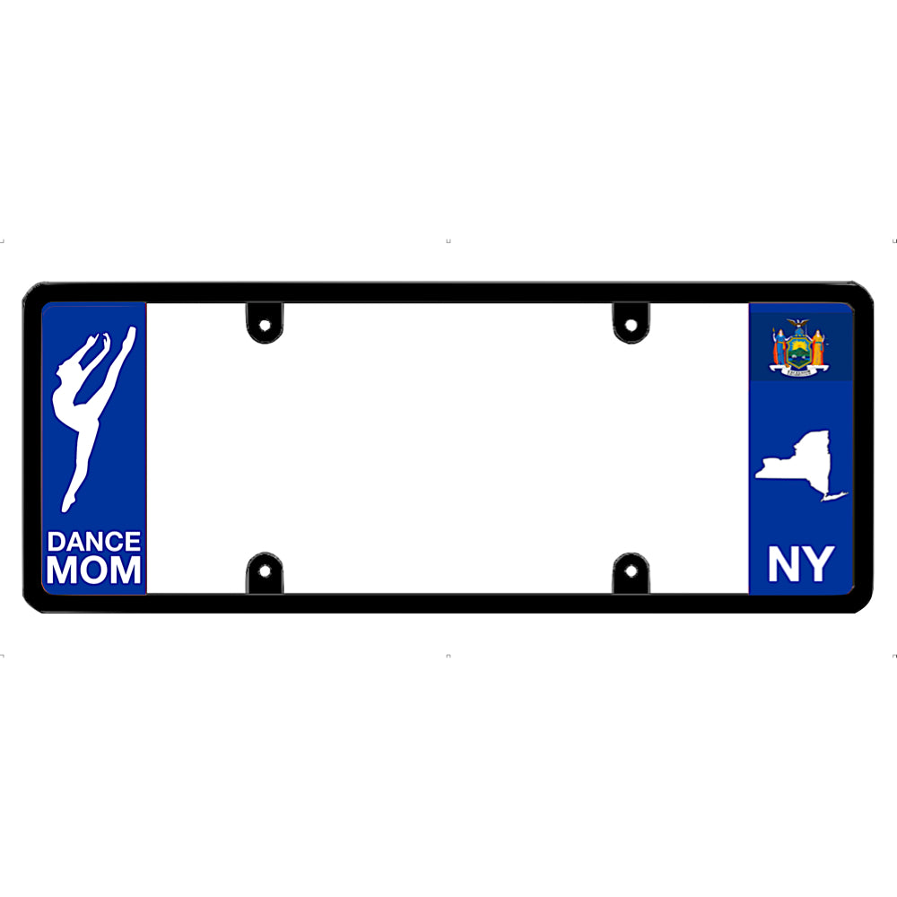 License plate frame with a dance mom graphic on the left and a New York flag on the right by DFS Brands.