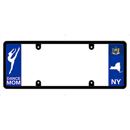 License plate frame with a dance mom graphic on the left and a New York flag on the right by DFS Brands.