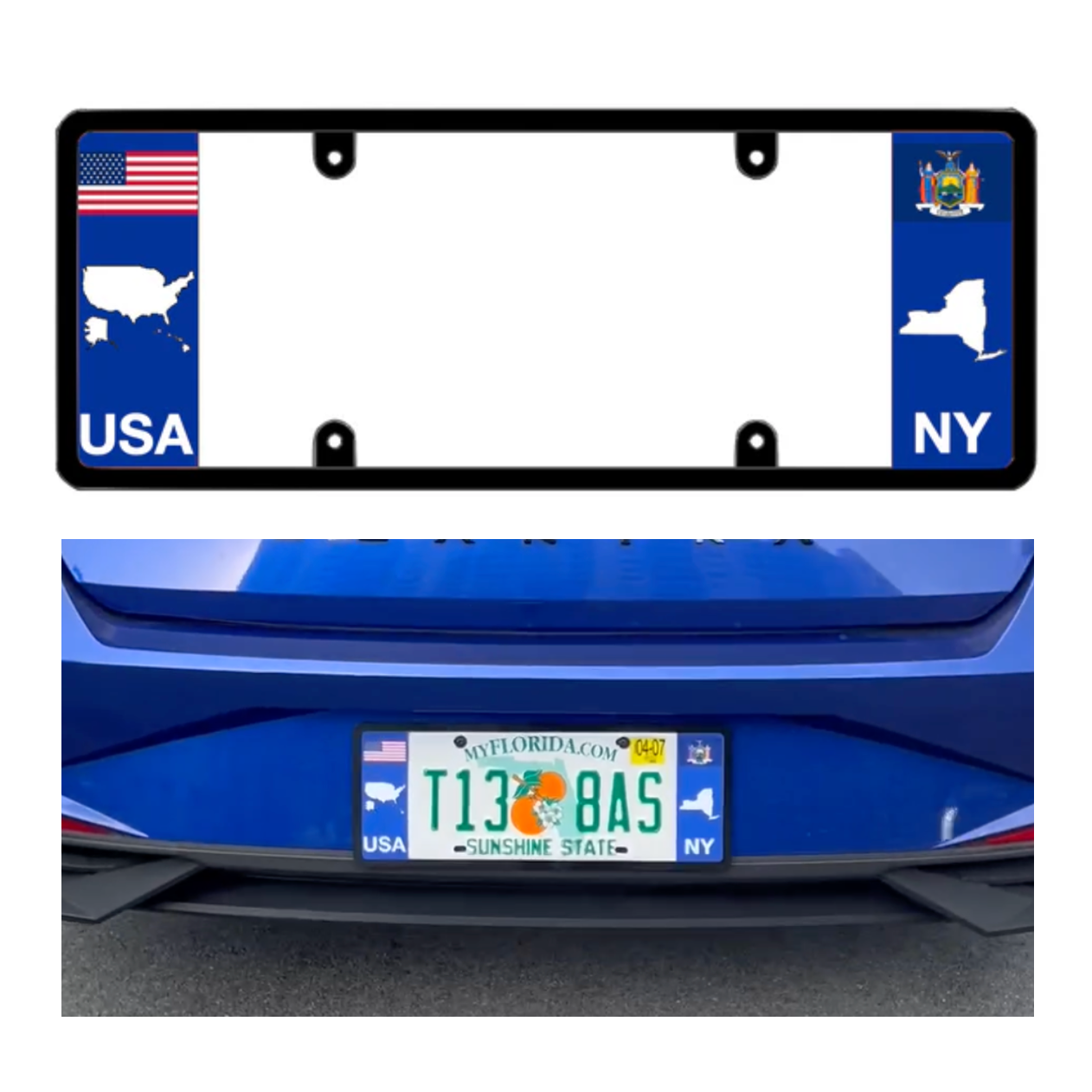 License plate frame with a USA flag and map graphic on the left panel and a New York flag and state map on the right panel by DFS Brands.