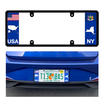 License plate frame with a USA flag and map graphic on the left panel and a New York flag and state map on the right panel by DFS Brands.