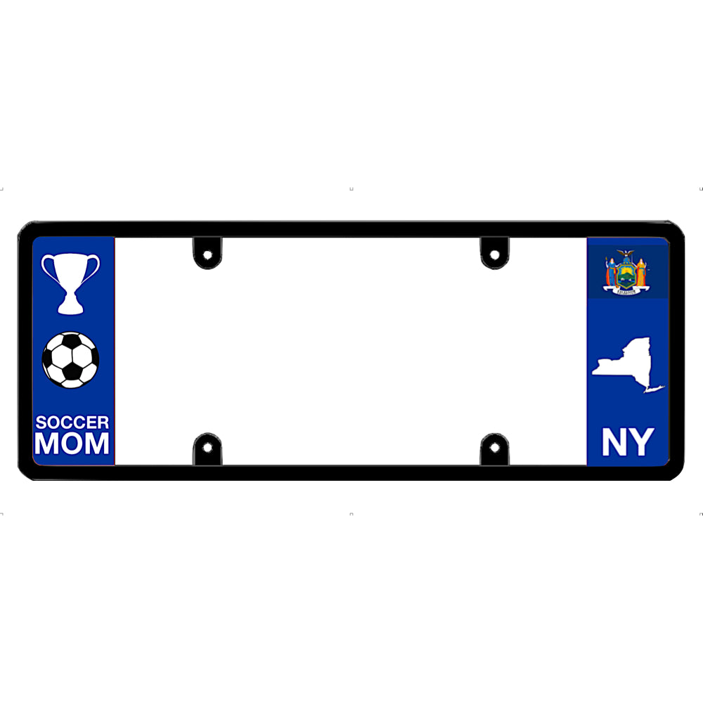 License plate frame with a soccer mom graphic on the left and a New York flag on the right by DFS Brands.