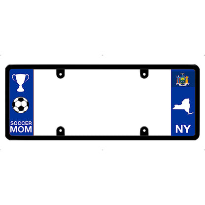 License plate frame with a soccer mom graphic on the left and a New York flag on the right by DFS Brands.