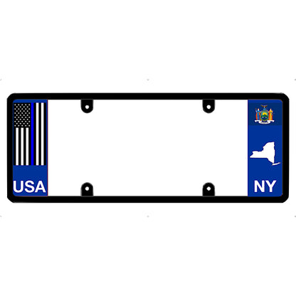 License plate frame with a thin blue line flag on the left and a New York flag on the right by DFS Brands.