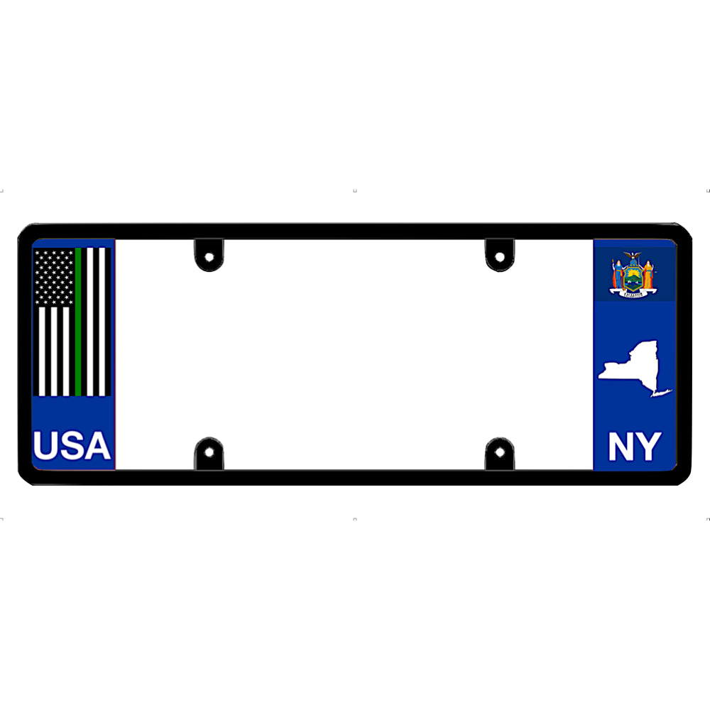 License plate frame with a thin green line flag on the left and a New York flag on the right by DFS Brands.