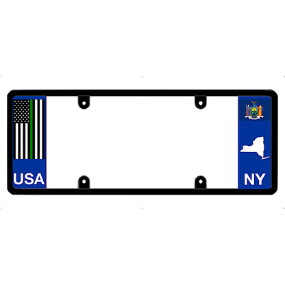 License plate frame with a thin green line flag on the left and a New York flag on the right by DFS Brands.