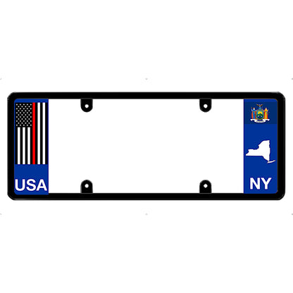 License plate frame with a thin red line flag on the left and a New York flag on the right by DFS Brands.