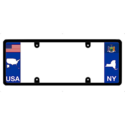 License plate frame with a USA map graphic on the left and a New York flag on the right by DFS Brands.