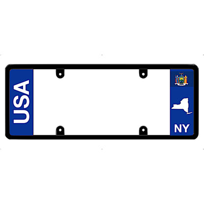 License plate frame with bold vertical USA text on the left and a New York flag on the right by DFS Brands.