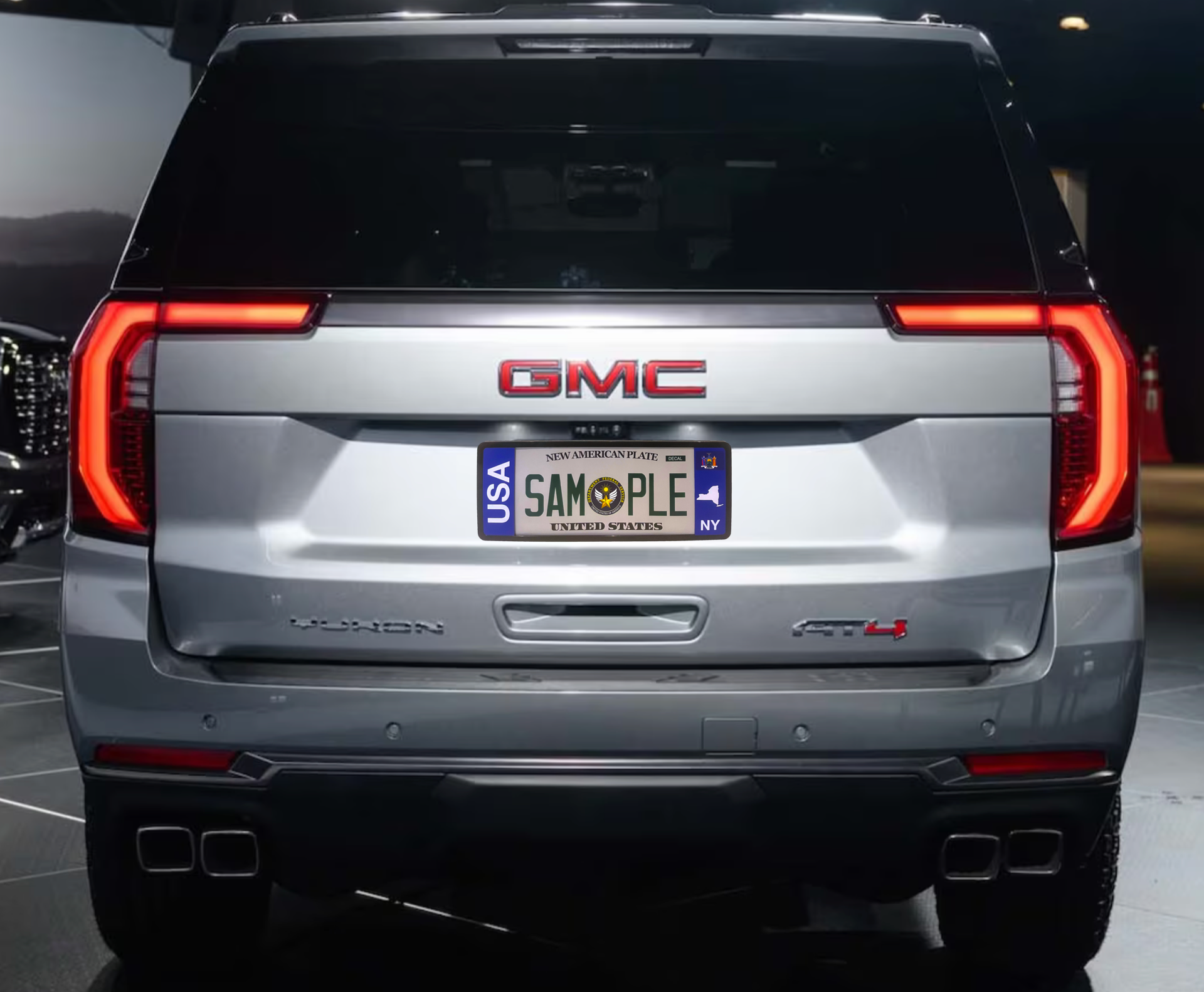 Yukon GMC New York with legal license plate frame from DFS brands.
