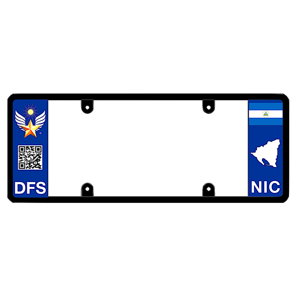 Nicaraguan license plate frame with a scan QR code panel on the left and a Nicaragua flag on the right by DFS Brands.
