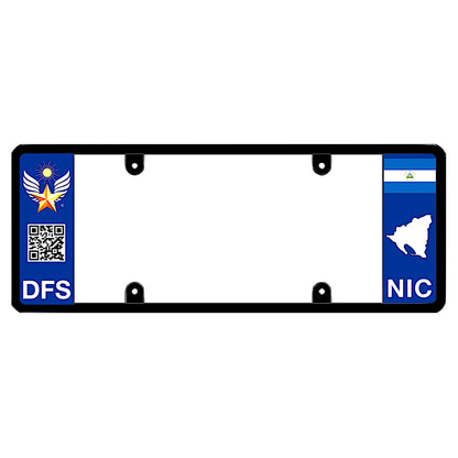 Nicaraguan license plate frame with a scan QR code panel on the left and a Nicaragua flag on the right by DFS Brands.