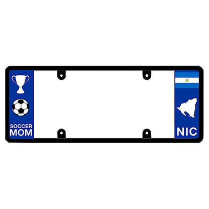 Nicaraguan license plate frame with a soccer mom graphic on the left and a Nicaragua flag on the right by DFS Brands.