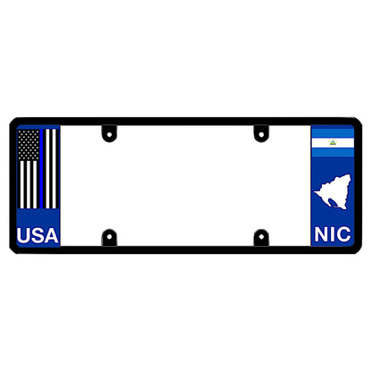 Nicaraguan license plate frame with a thin blue line flag on the left and a Nicaragua flag on the right by DFS Brands.