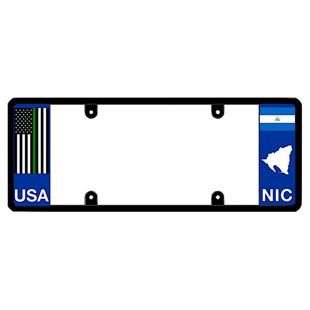 Nicaraguan license plate frame with a thin green line flag on the left and a Nicaragua flag on the right by DFS Brands.