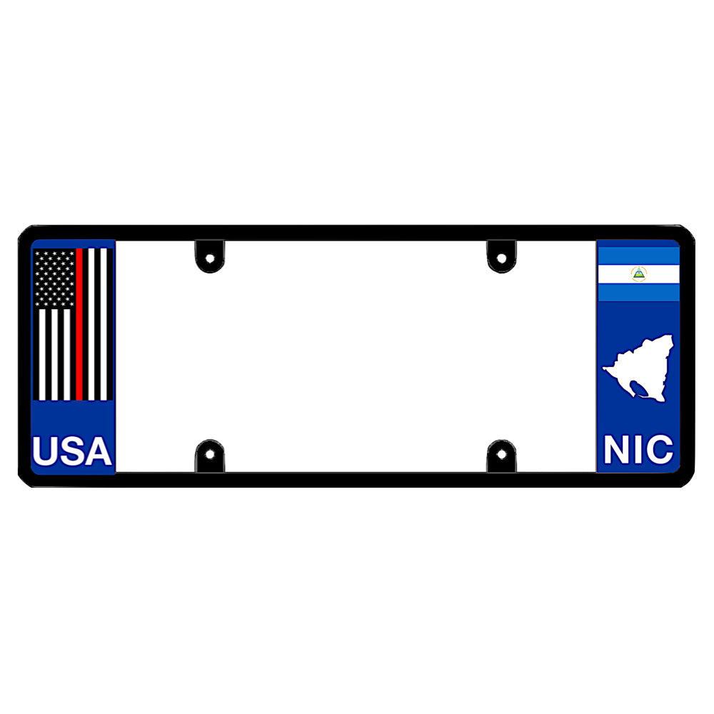 Nicaraguan license plate frame with a thin red line flag on the left and a Nicaragua flag on the right by DFS Brands.
