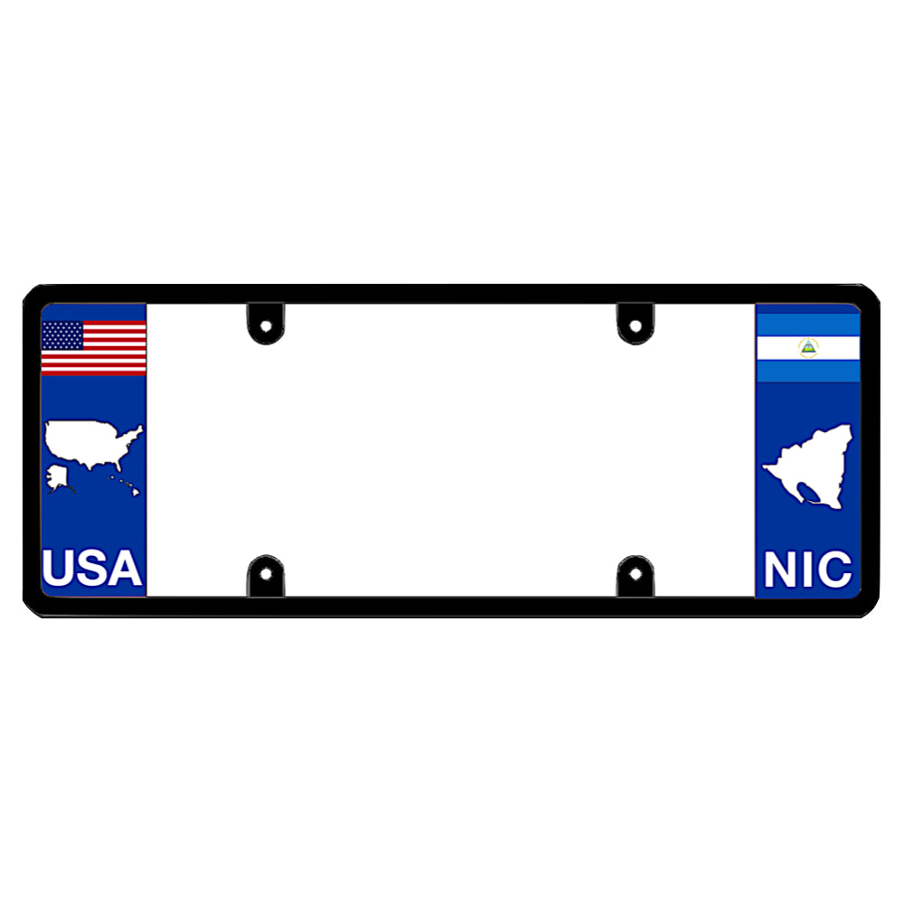 Nicaraguan license plate frame with a USA map graphic on the left and a Nicaragua flag on the right by DFS Brands.