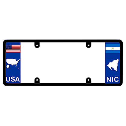 Nicaraguan license plate frame with a USA map graphic on the left and a Nicaragua flag on the right by DFS Brands.