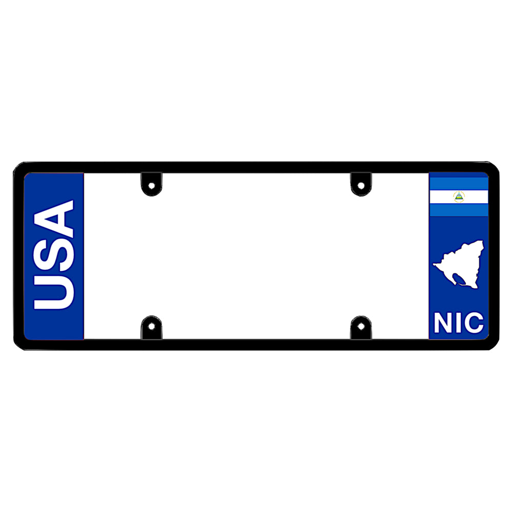 Nicaraguan license plate frame with bold vertical USA text on the left and a Nicaragua flag on the right by DFS Brands.