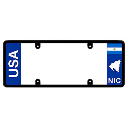 Nicaraguan license plate frame with bold vertical USA text on the left and a Nicaragua flag on the right by DFS Brands.