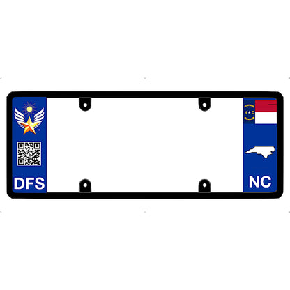 Car license plate frame with North Carolina flags and DFS logo on a white background