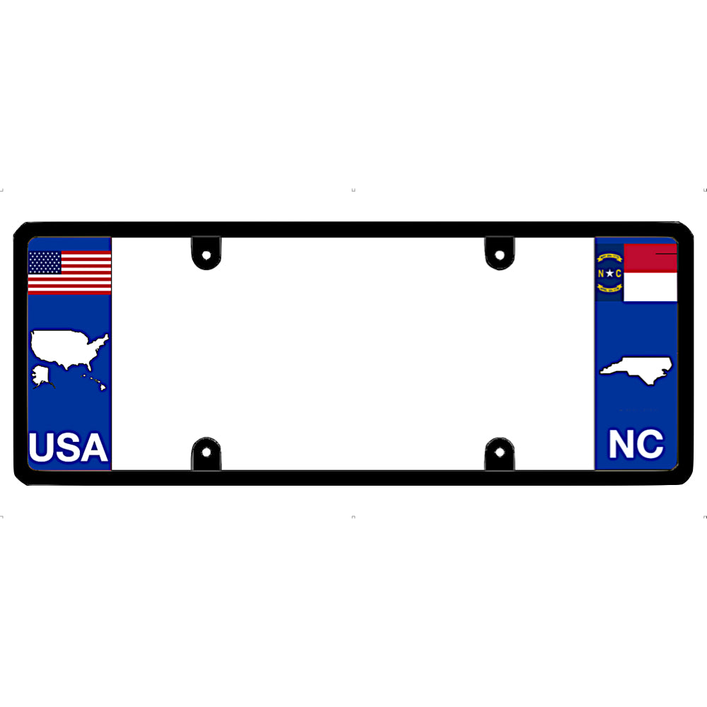 License plate frame with USA and North Carolina (NC) designs on a white background