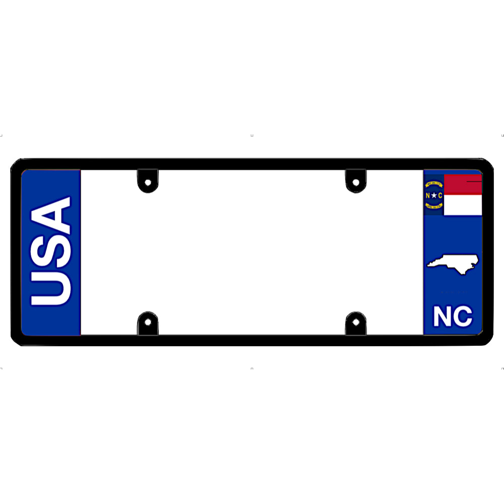 North Carolina License plate frame with 'USA' and 'NC' text on a white background
