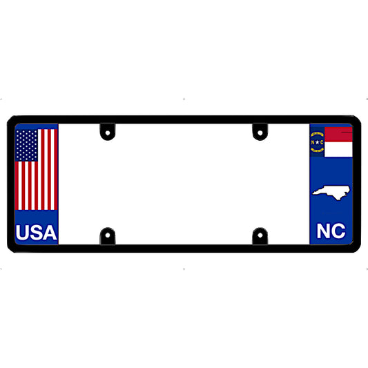 License plate frame with USA and North Carolina flags on a white background
